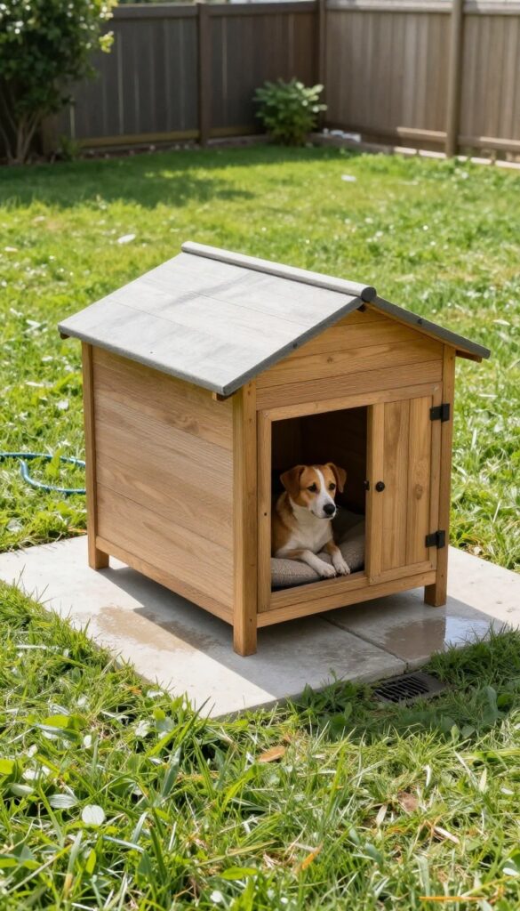 Outdoor dog kennel on concrete pad with drain, weatherproof dog house, and raised bed in sunny backyard.