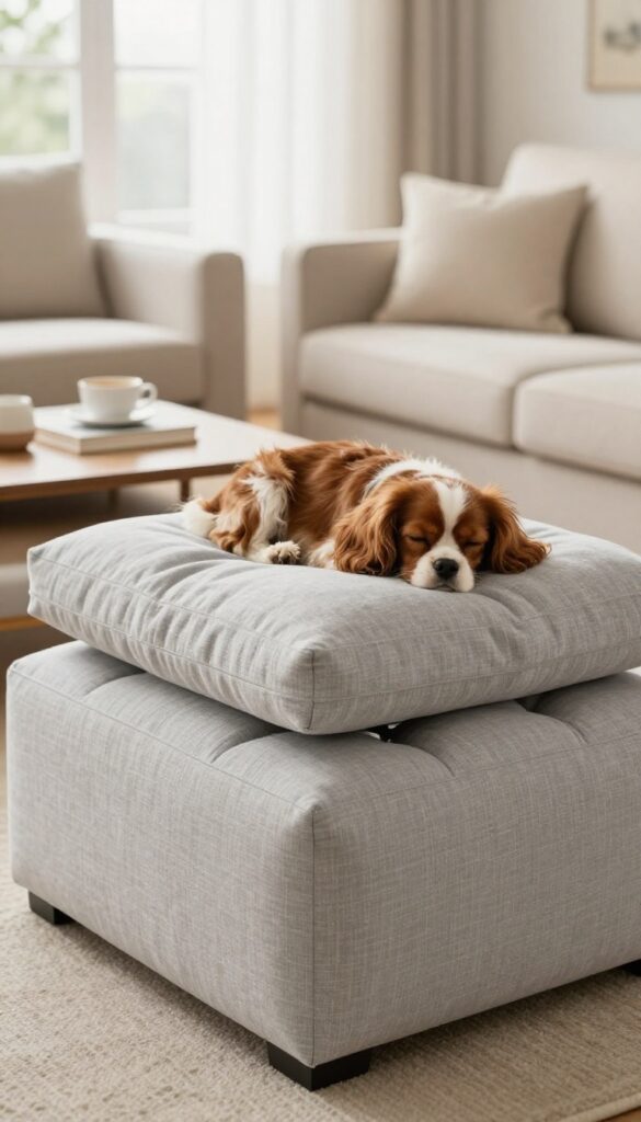 Tufted ottoman dog bed with a small dog sleeping inside, living room decor.