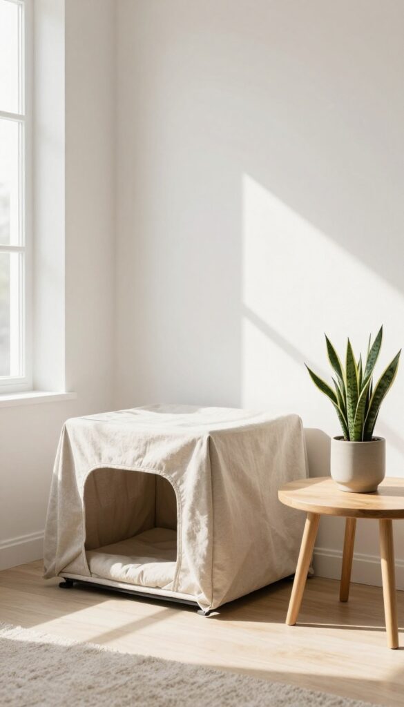 Dog crate with a small snake plant on a side table in a bright living room