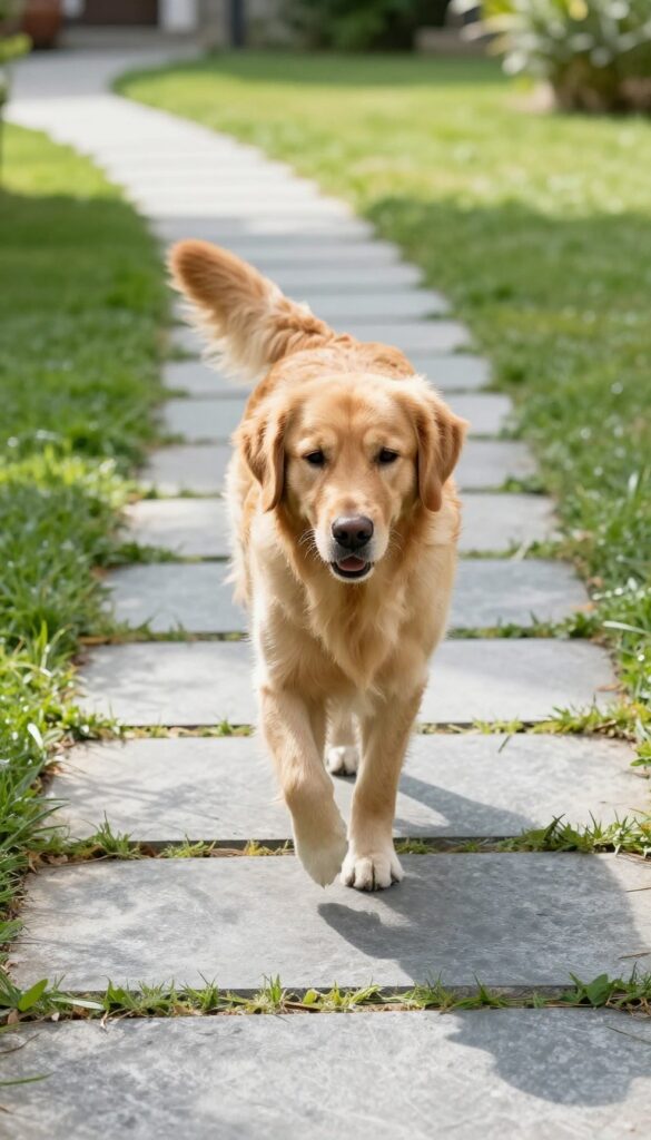 A dog walking on a cool flagstone pathway in a sunny backyard