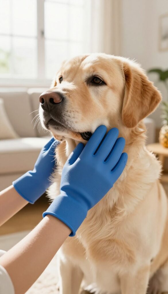 Person using grooming gloves on a Labrador in a sunlit room