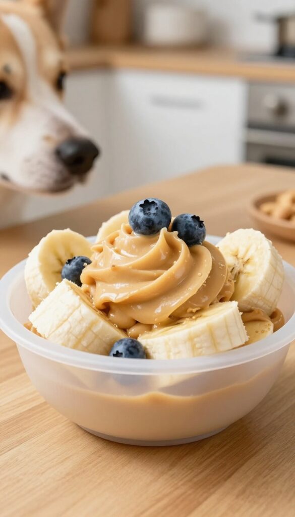 Frozen peanut butter and banana enrichment bowl for dogs