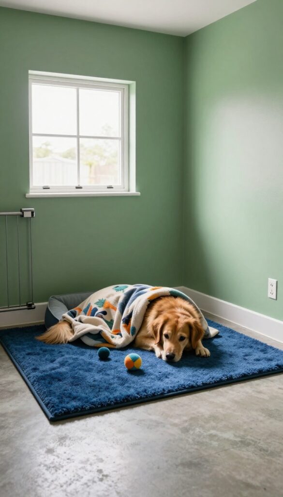 Cozy garage dog retreat with soft rug, dog bed, toys, and safety features in calming colors