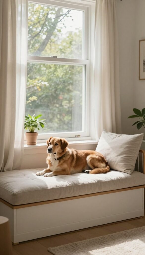 Dog crate under window with cushioned top as window seat, dog inside looking out, bright natural light, cozy living room.