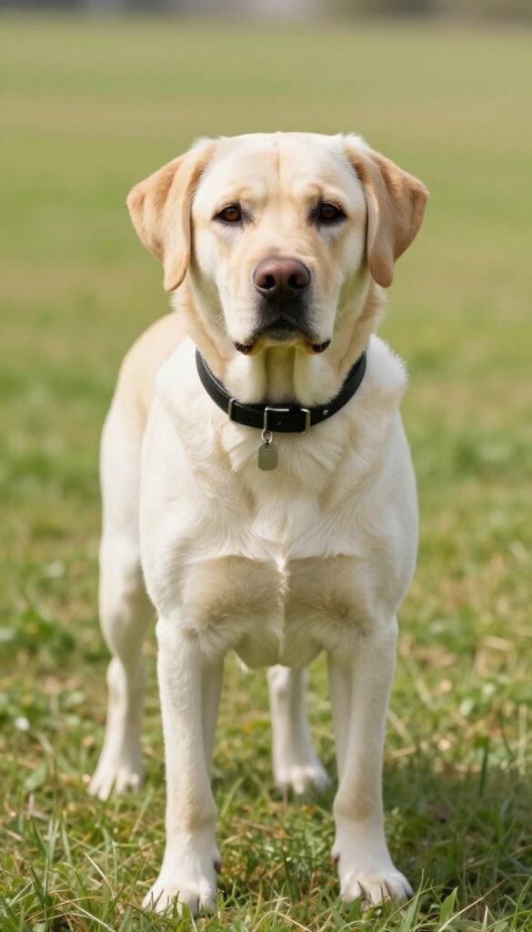 A strong and simple Labrador Retriever named Max standing in a sunlit field with a black leather collar.