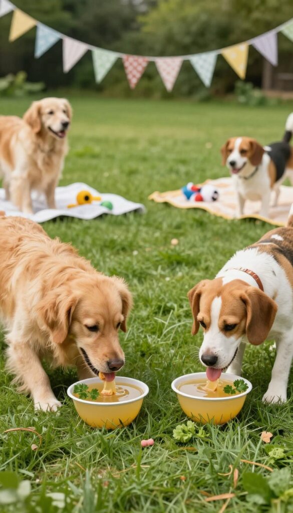 Dogs enjoying pup-friendly punch in shallow bowls at an outdoor party