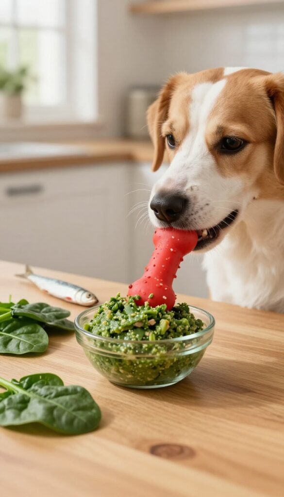 Dog owner stuffing a Kong with sardine and spinach paste on a wooden table