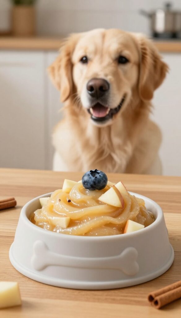 Frozen dog enrichment bowl with apple and cinnamon swirl, applesauce and blueberry, on wooden table with golden retriever looking on