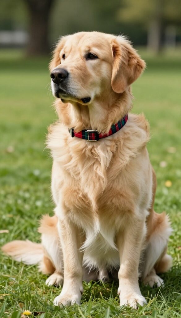 Golden Retriever wearing a classic tartan plaid collar and leash set in a sunlit park