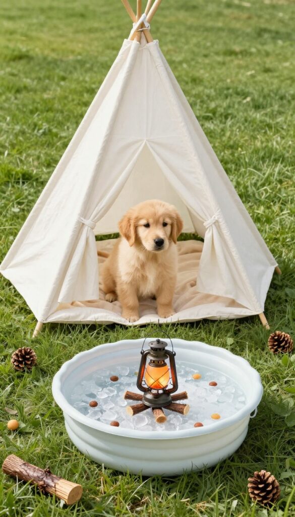 Golden retriever puppy peeking out of a tent at a backyard camping-themed dog birthday party with a dig pit and faux campfire.