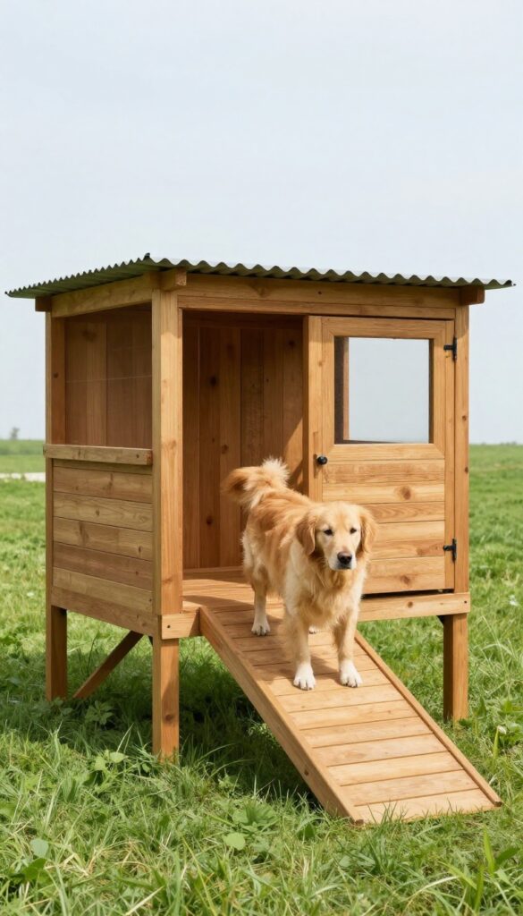 Elevated wooden dog kennel with tin roof and ramp in sunny backyard