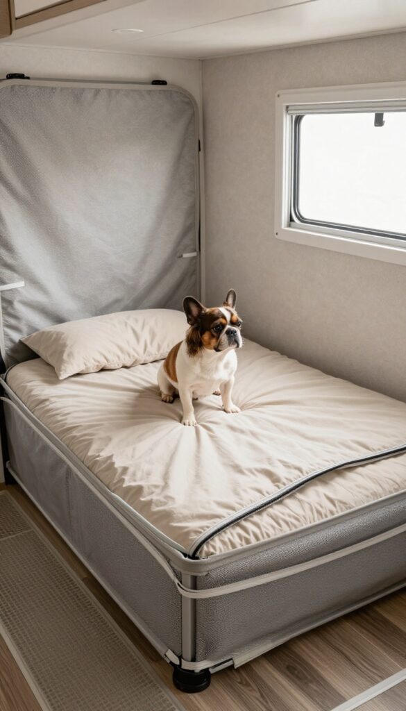 Foldable soft-sided crate set up in a small RV corner with a calm dog inside, natural light, clean and organized space.