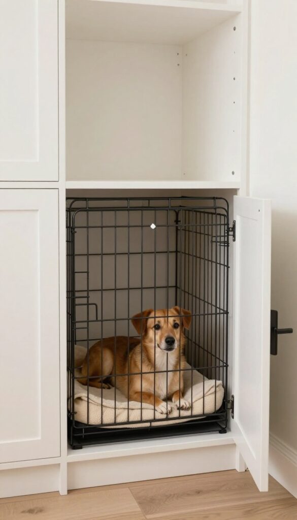 Cabinet conversion kennel in a laundry room with a dog resting inside a crate insert.