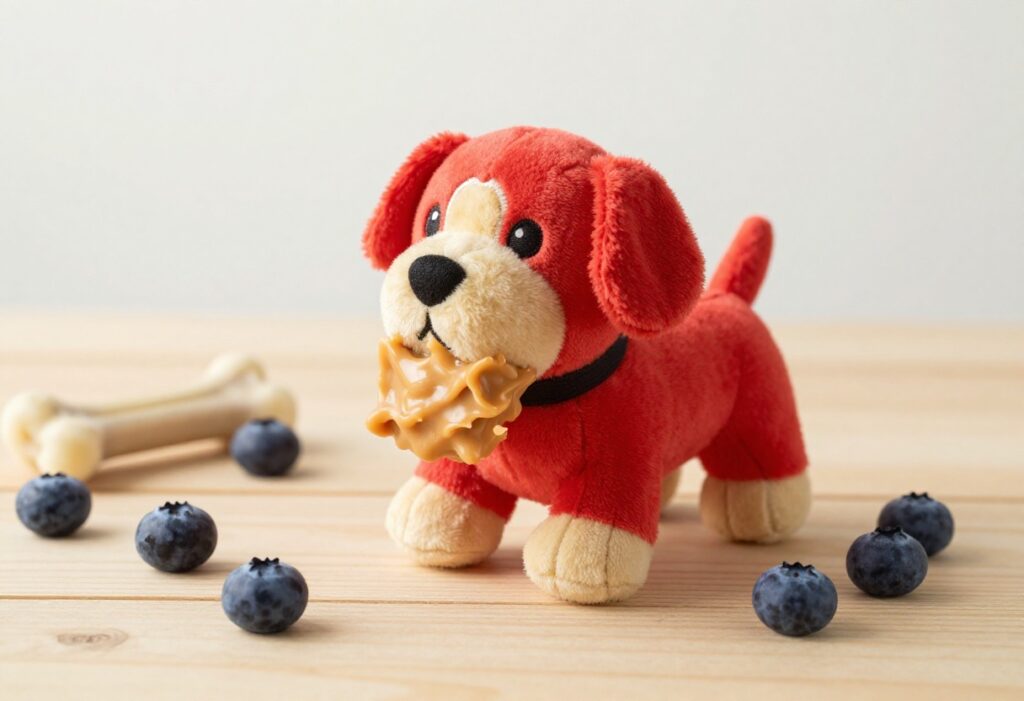 Red Kong stuffed with peanut butter and banana on a wooden table with blueberries and a dog bone