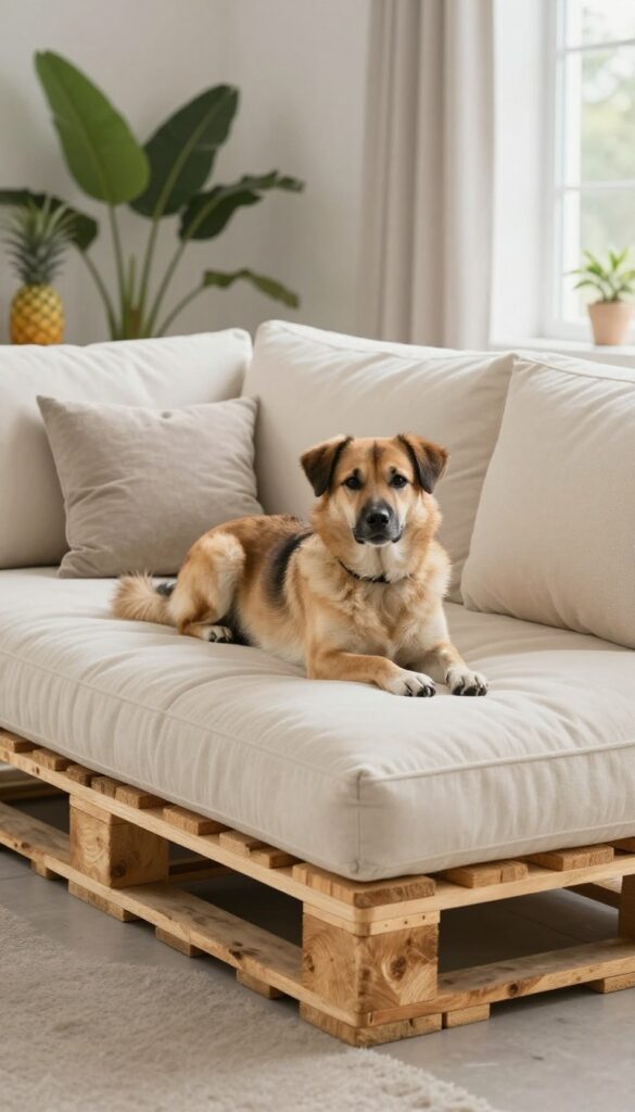 DIY pallet dog sofa with foam cushion in a bright modern living room, dog lounging on it