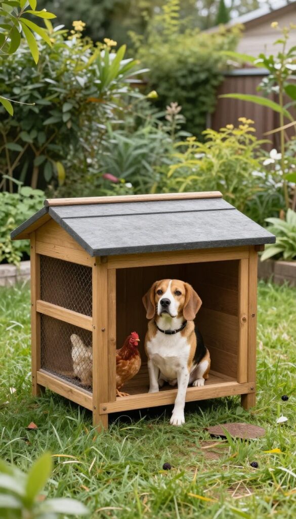 A wooden doghouse with a chicken coop on top, a beagle sitting beside it, and chickens on a ramp, in a sunny backyard.
