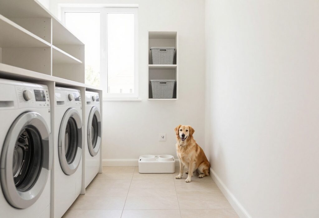 Organized laundry room with dog feeding station and a happy dog