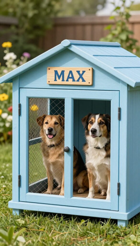 Pallet dog kennel with blue painted accents and a custom name sign in a sunny backyard.