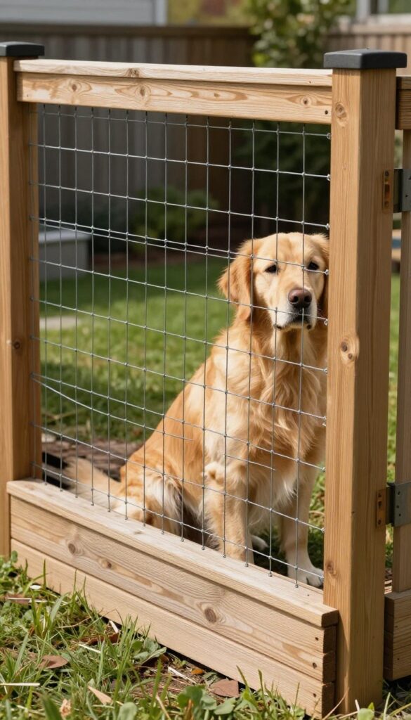 Dog sitting near a fence with an exposed dig-proof barrier made of buried wire mesh