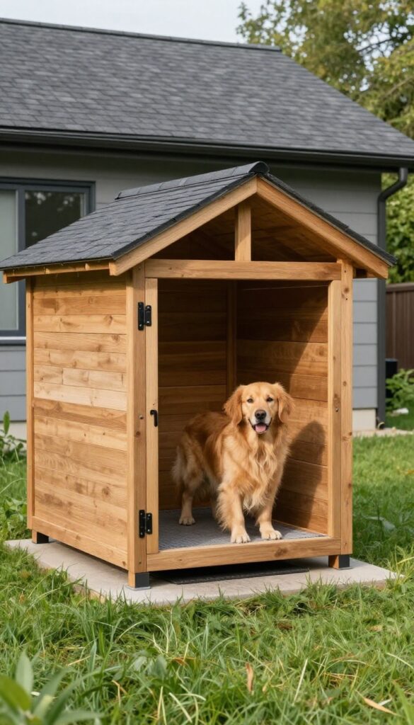 Lean-to style outdoor dog kennel attached to house, with wooden structure and shingled roof, golden retriever resting inside shaded area, photorealistic backyard scene