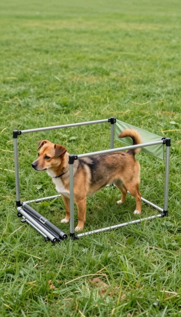 Portable exercise pen for dogs set up in a backyard with a dog inside, folded pen in foreground, tarp for shade, ground stakes visible.