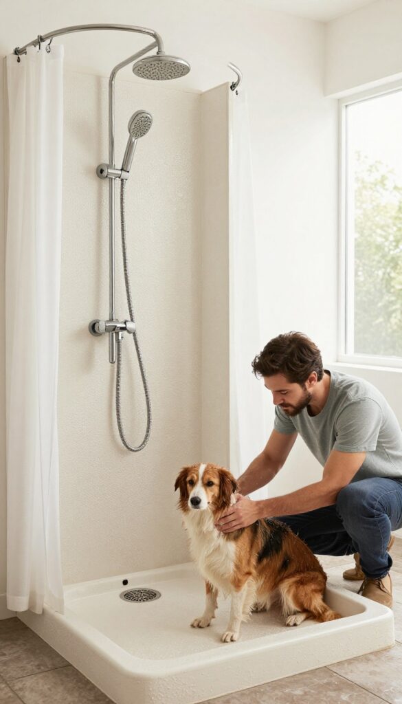 Mud room dog wash station with shower pan, handheld showerhead, and curtain