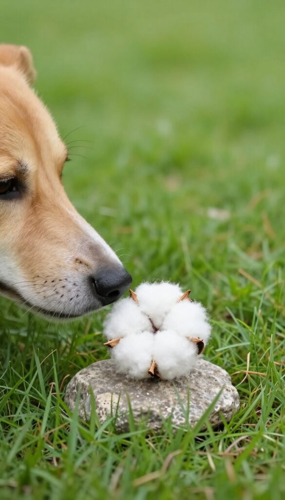 Dog sniffing a cotton ball on a rock in a backyard grass path, scent trail for nose work activity.