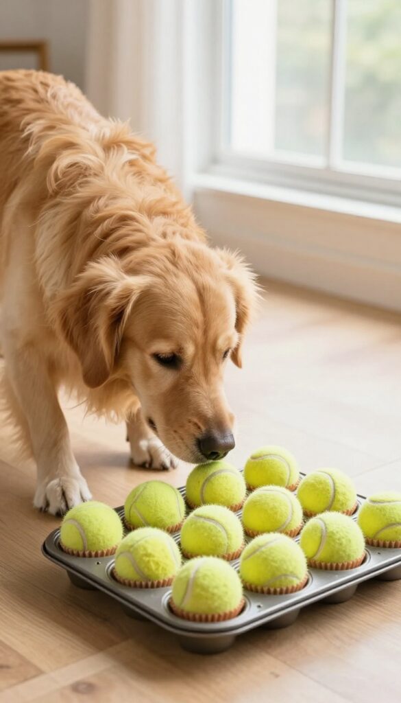 Golden retriever sniffing a muffin tin with tennis balls covering treats for a scent work game