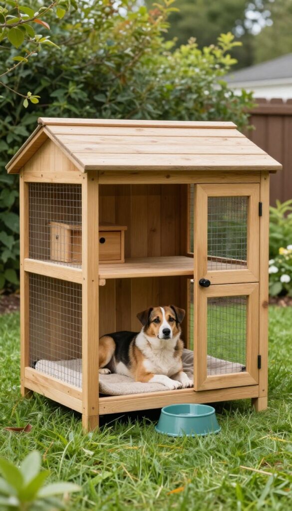 Raised chicken coop with dog kennel underneath in a sunny backyard