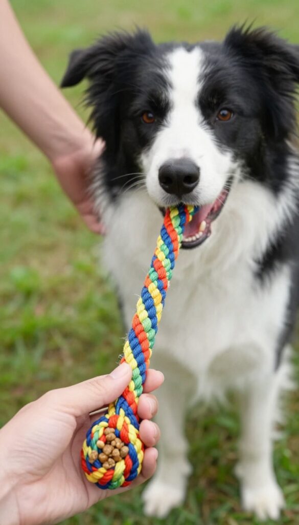 Interactive tug toy with hidden pocket for treats, dog tugging playfully