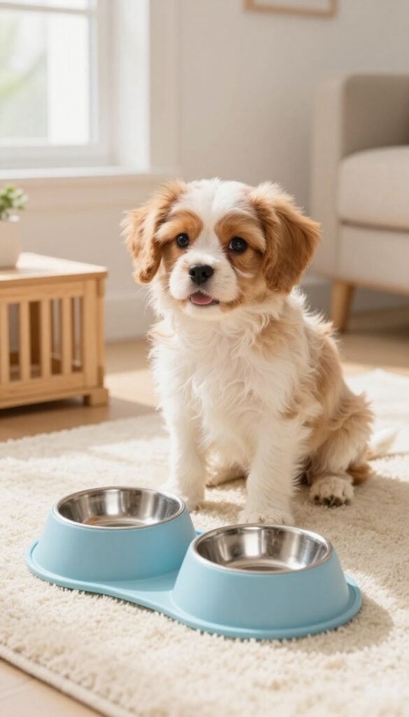 Small Cavalier King Charles Spaniel puppy sitting by a cozy feeding station with elevated bowls in a sunlit room