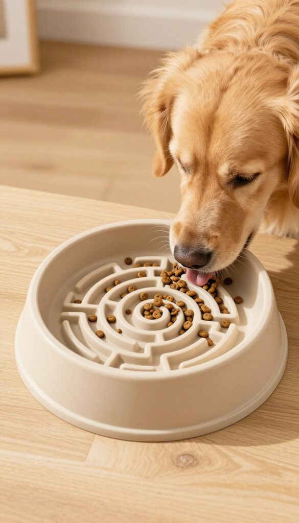 Dog eating from slow feeder bowl with maze pattern, kibble scattered in grooves, overhead view