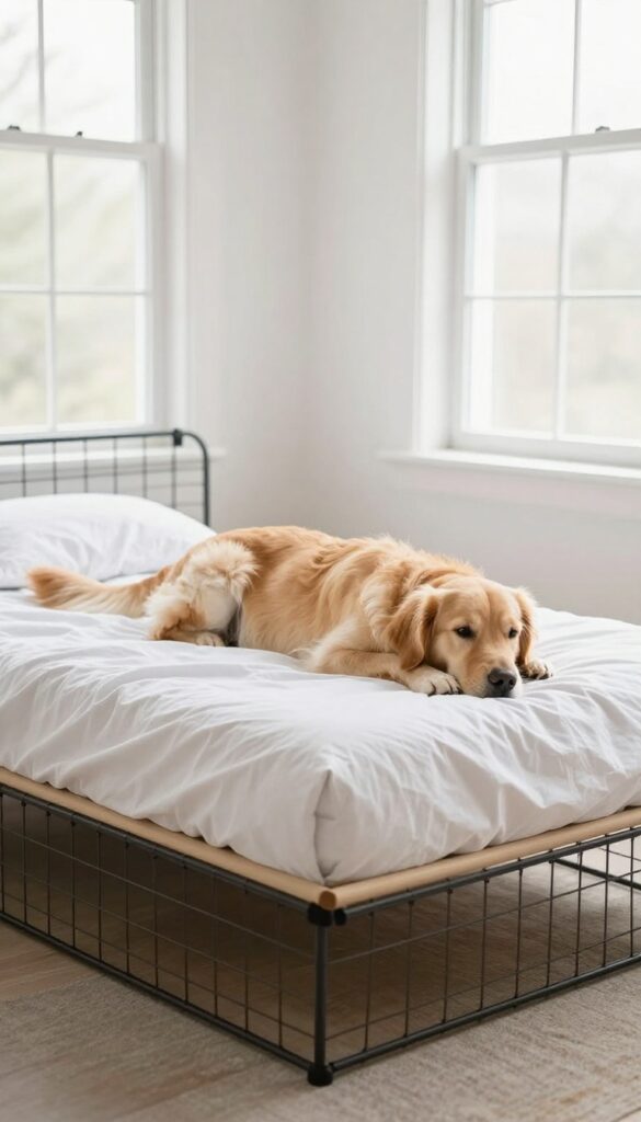 Dog resting on elevated cot bed inside wire crate in bright living room