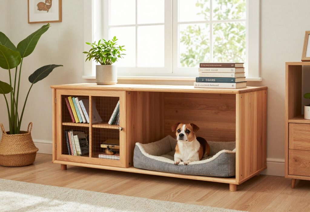 A wooden dog kennel built into a bookshelf with a dog peeking out, surrounded by plants and books in a cozy living room.