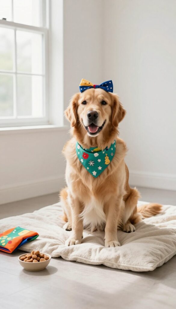 A dog in a festive bandana sitting in a homemade photo booth with a plain backdrop and props.