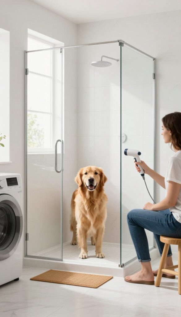 Walk-in tile shower with handheld sprayer in a laundry room, featuring a golden retriever and a person on a stool, bright natural light, photorealistic style.
