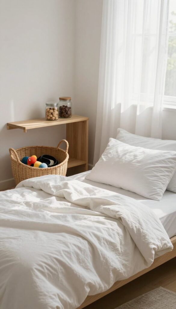 Dog bedroom with smart storage: a low basket for toys and a shelf for treats, keeping the space clutter-free and calm.