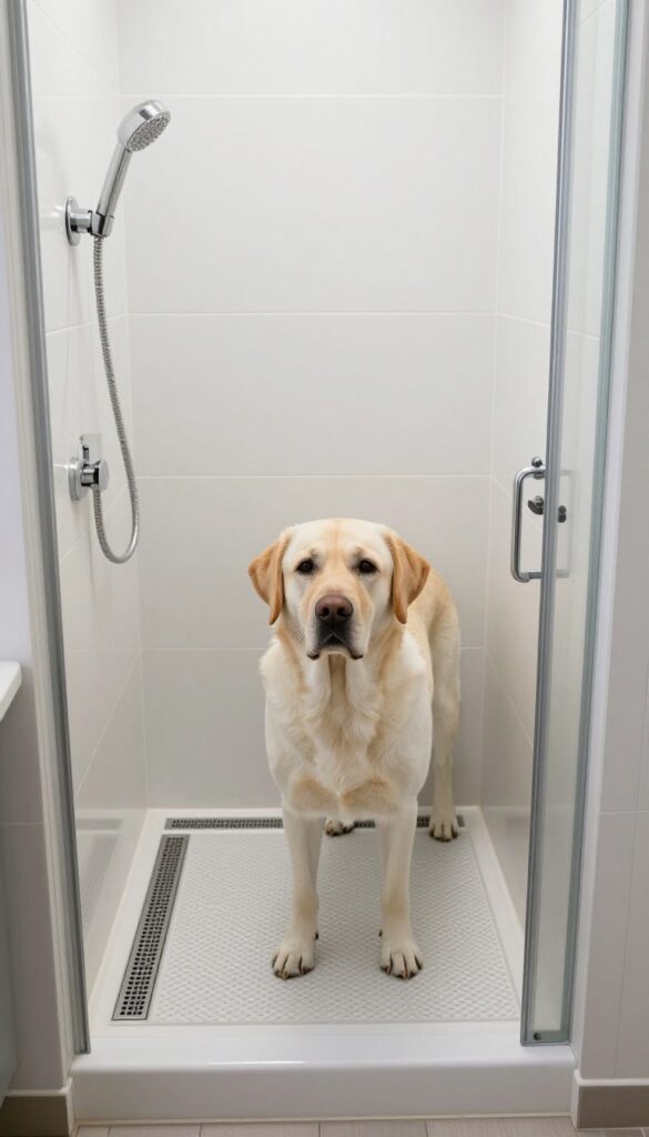 Curbless shower pan in laundry room corner with dog and handheld sprayer