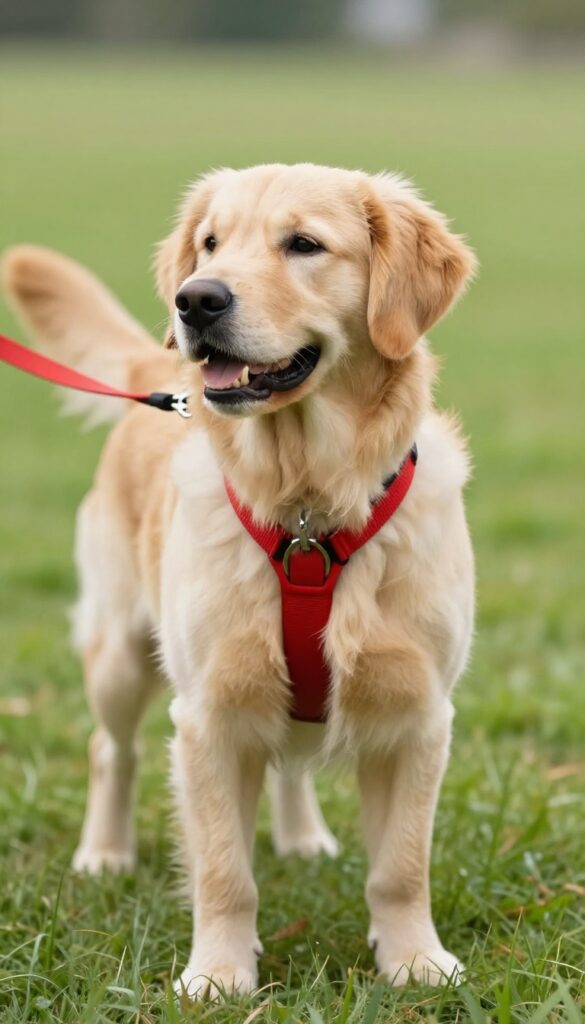 Golden retriever wearing a red collar and matching red leash in a sunny field