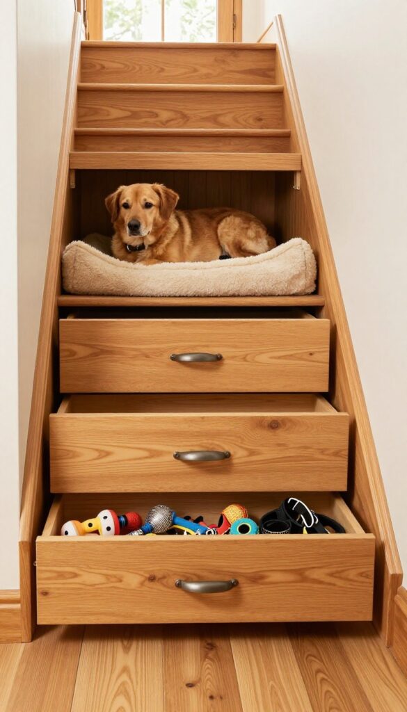 Under-stair dog kennel with pull-out storage drawers, cozy den for dog with bed inside