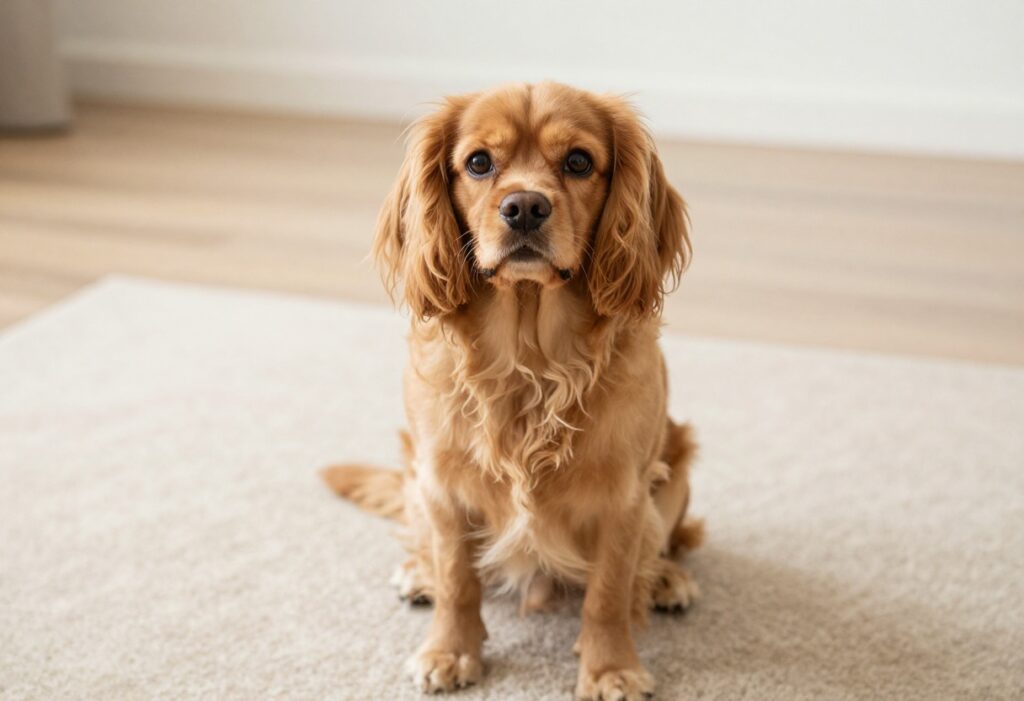 A sweet and playful puppy sitting on a rug, looking at the camera with a gentle smile.