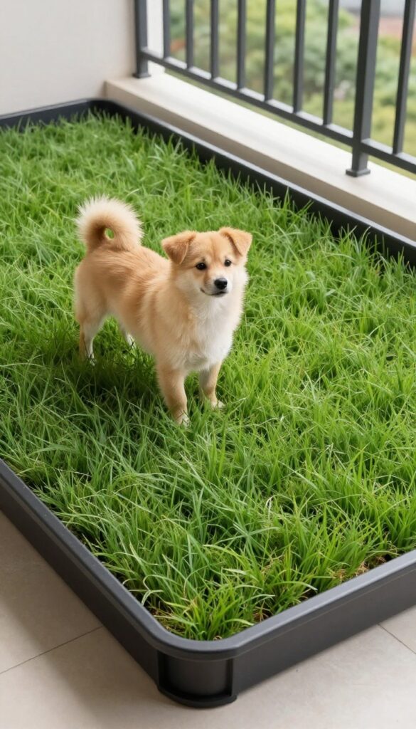 Dog standing on a real sod patch in a tray on a balcony, natural grass potty area
