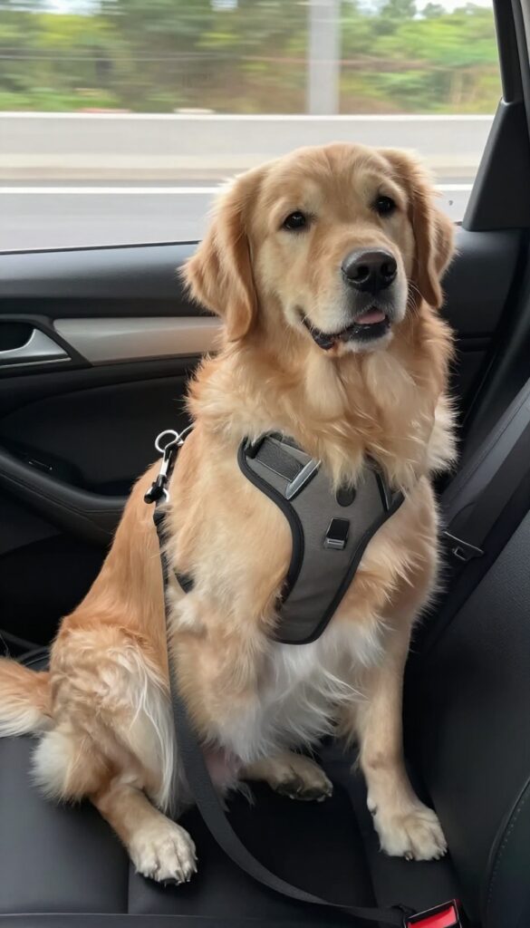 Golden retriever wearing crash-tested dog harness in car