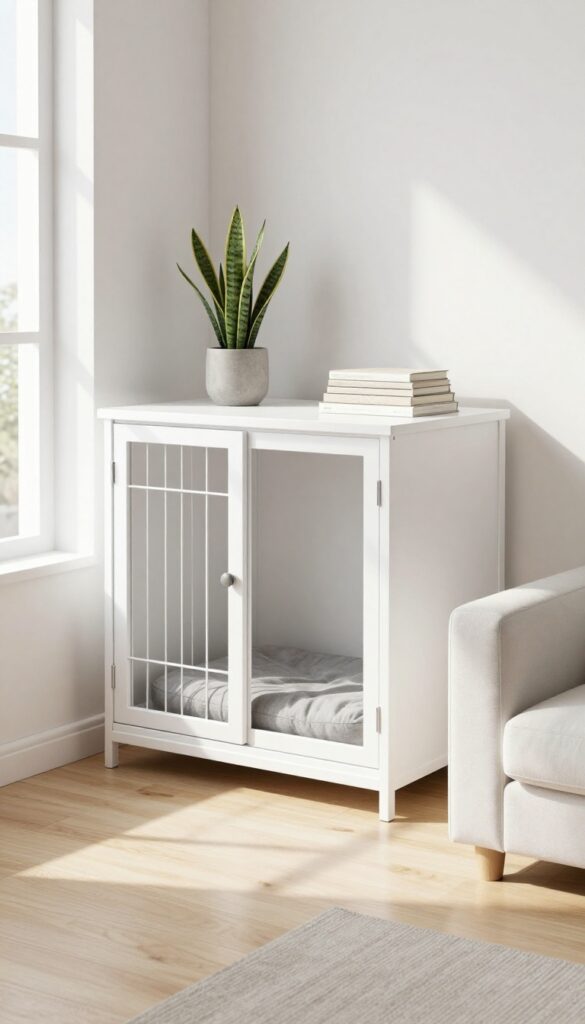 Modern minimalist dog crate with flat top used as a side table, holding a plant and books in a bright living room