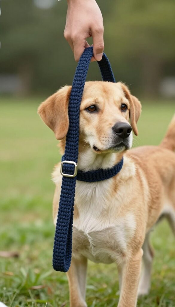 Handmade crochet dog leash in bright sunlight, held by a person, with a small dog wearing a matching collar.