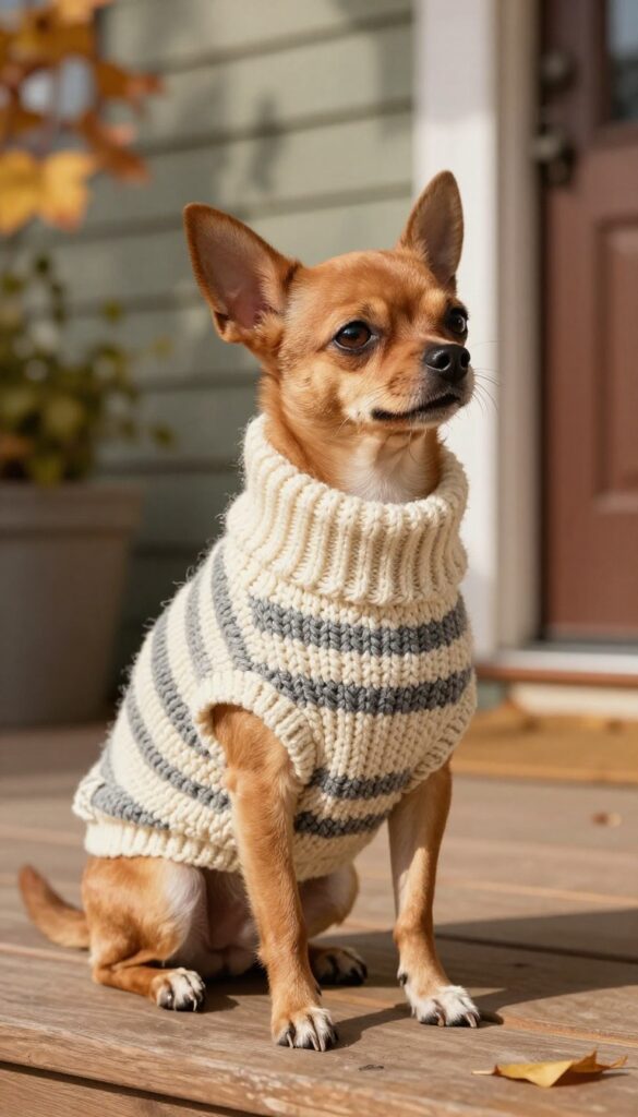 Chihuahua wearing a cozy chunky knit crochet sweater in cream and grey stripes, sitting on a sunlit wooden porch.