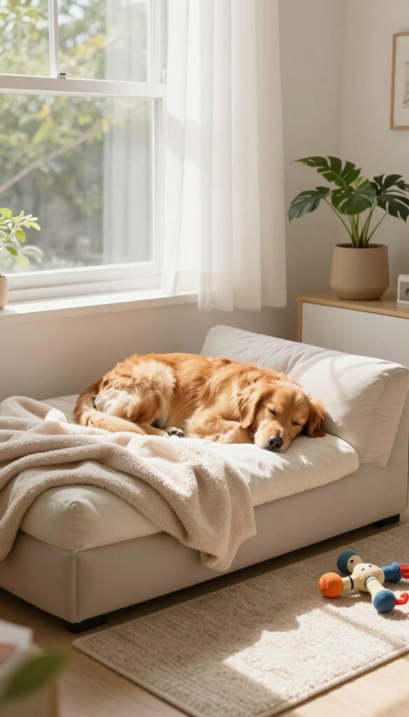 Cozy corner with memory foam dog bed and sleeping golden retriever in bright living room