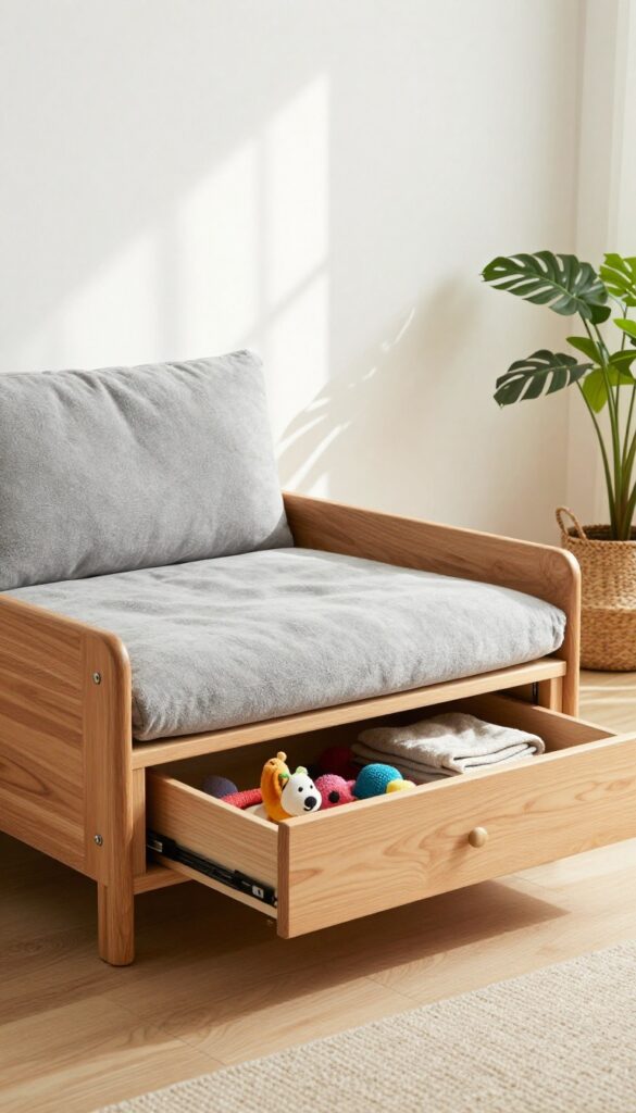 Multi-purpose dog bed with built-in storage in a tidy living room