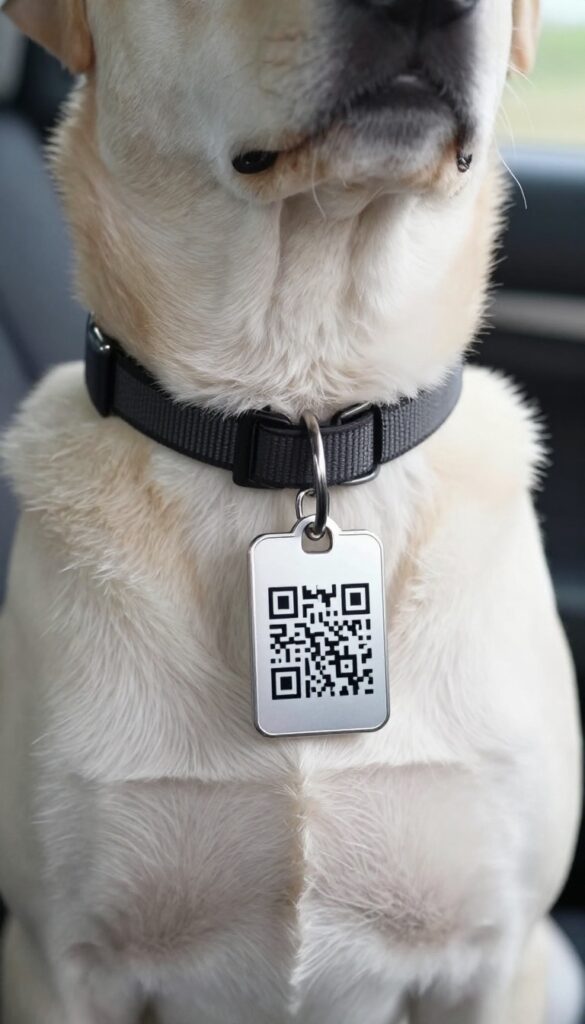 Dog collar with QR code ID tag for travel safety