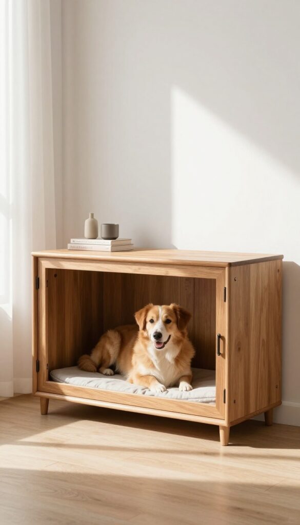 A wooden cabinet-style dog crate in a bright living room, blending seamlessly with the decor.